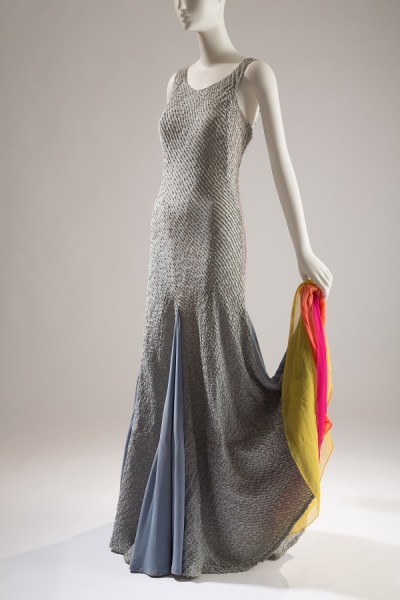 Elsa Schiaparelli. Light blue evening gown with wired pintucks and interior colored ruffles at flared hem, mid-1930s, France. Beverley Birks Collection, photo Â© The Museum at FIT.