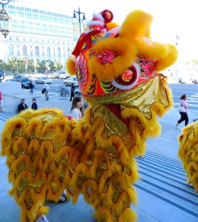 A Lion from Leung's White Crane Chineses Lion Dancers Greets Conference Attendees on the Steps of San Francisco's City Hall-Photo by Christine Jowers
