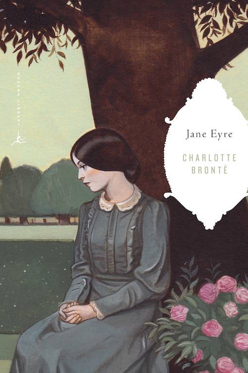 A book cover of Jane Eyre with Jane under a tree