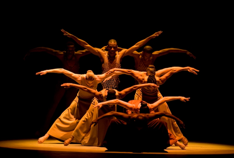 A group of dancers curve their arms like birds' wings. 