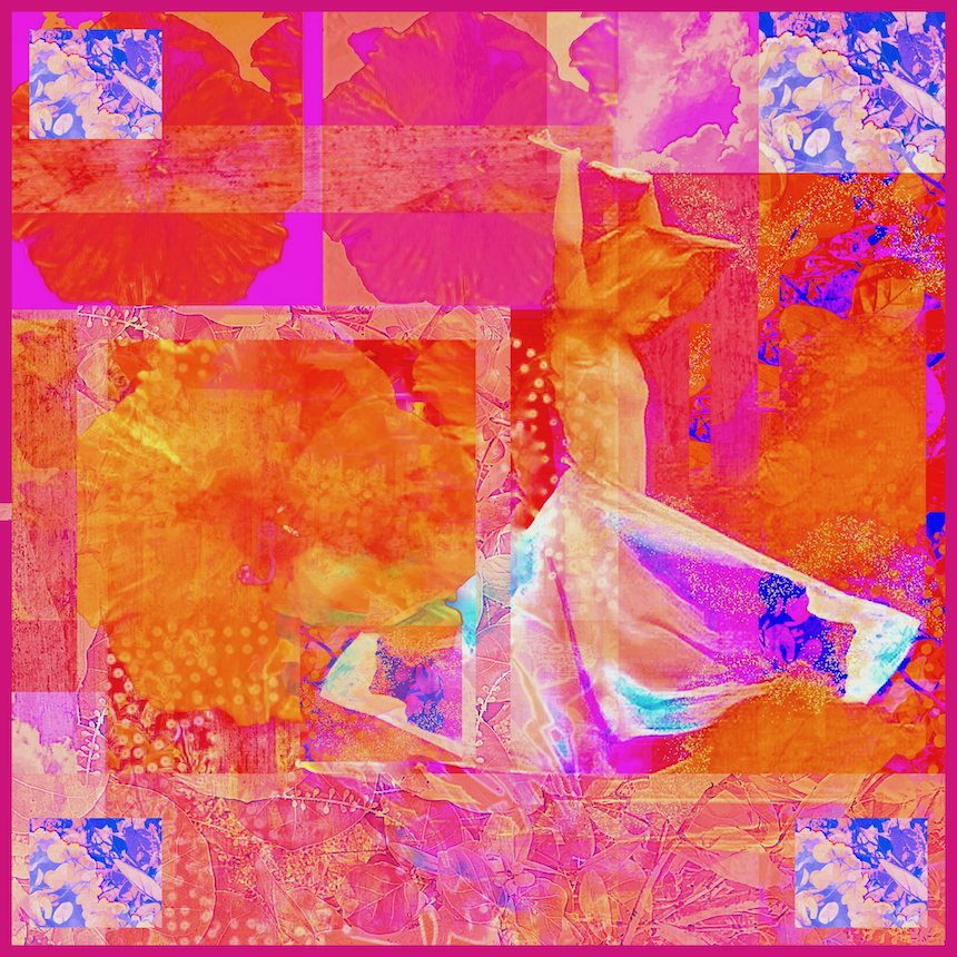 bright pink, orange blue collage, featuring a dancer with twirling skirt surronded by color, leaves, and flowers