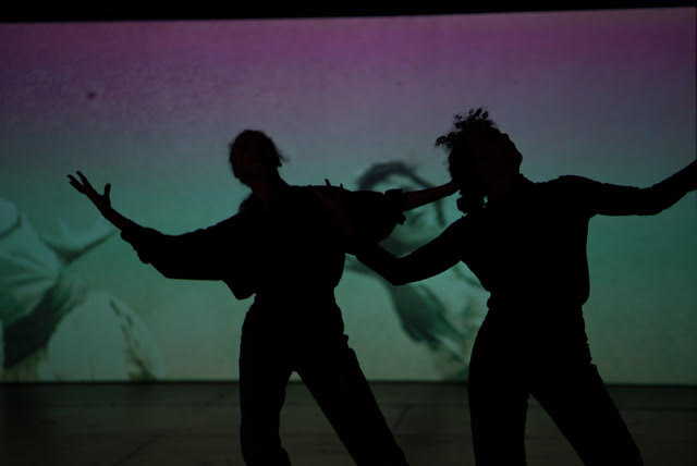 Two bodies in silhouette stand in front of a green and purple projection. Their arms are outstretched.