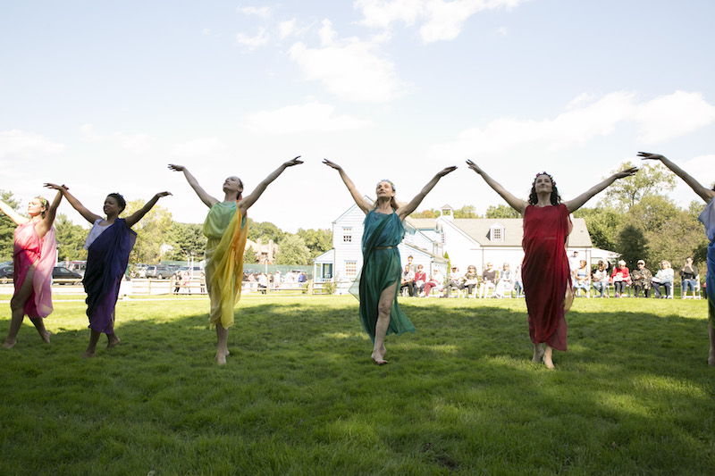 A group of dancers in Grecian colorful dresses. Their arms are outstretched as the stand on a grassy lawn.