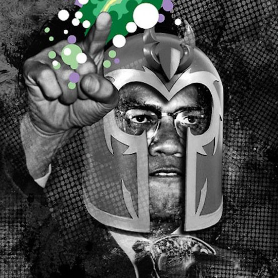 An African-American superhero/villain wearing a helmet and fist-punching the air.