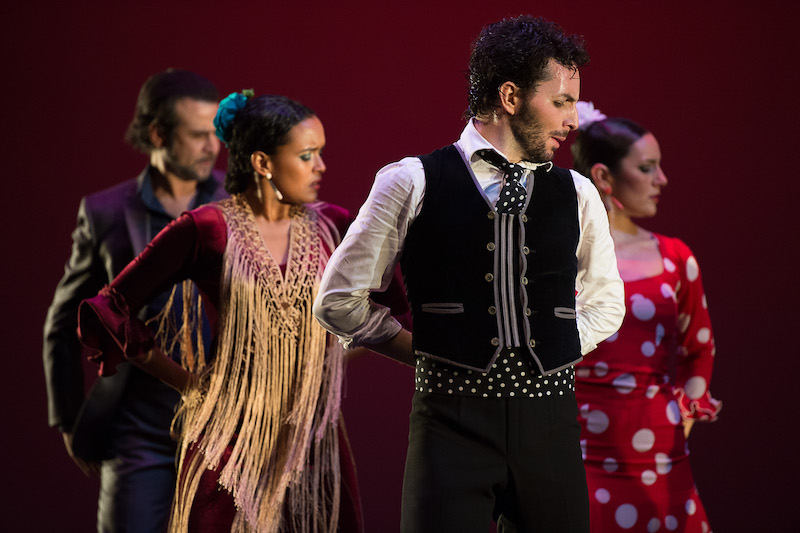 A quartet of flamenco dancers stand with their arms clasped behind their backs. They wear brightly colored costumes. One has a fringey shawl. Another wears a red and white polka dot dress. A man wears a polka dot tie and a black vest with grey piping. In the back, a man wears a grey suit.