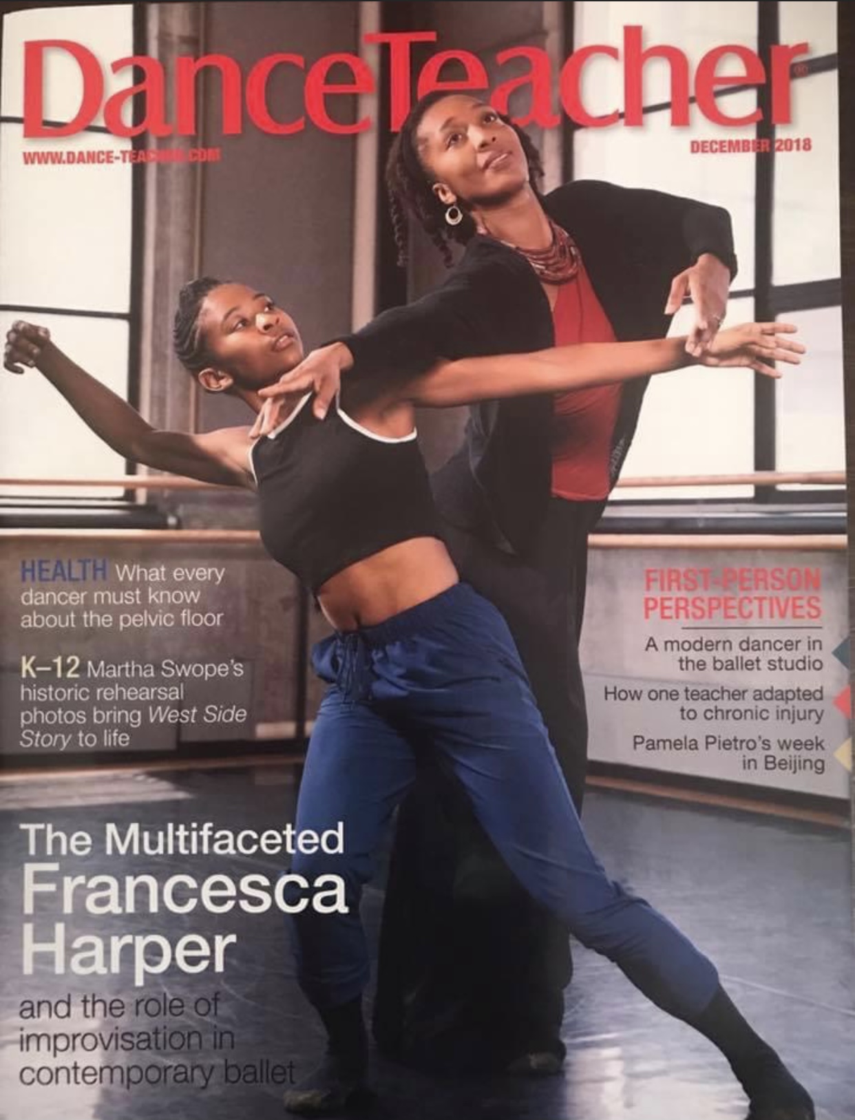 photo of cover of Dance Teacher magazine with red logo, cover features Francesca H. a black woman in a red top and black sweatera and black sweat pants  with young black student in black sleeveless midriff top and blue sweat pants, the are intertwined dancing together in a studio, windows and ballet barre in the background