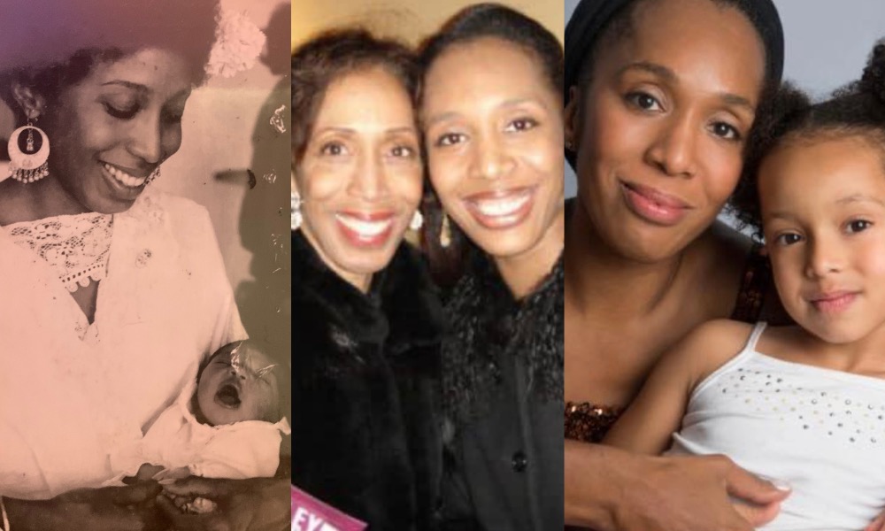 a collage of three mother daughter photos: 1 old black and wihte of black woman in white dress with distinct circle earrings and broad smile holding her cooing baby, 2 The same woman now older in a blank mink coat with her daughter now a grown woman, both happy both broad smiles looking out at the camera, 3 the daugther as a mother posing tenderly with her young daughter perhaps 6 to 8 years old looking out into the camera