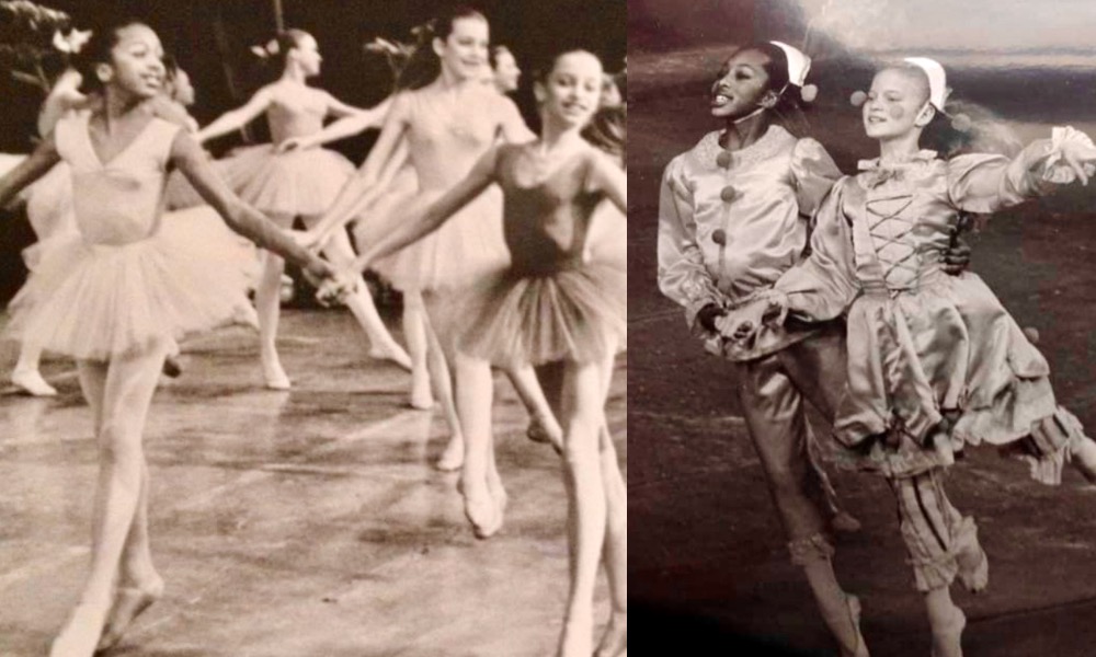2 pictures of Francesca Harper as a young ballet student, 1 in a little white tutu, white tights and slippers, a class of girls all white except for Francesca hold hands and dance together, 2 Francesca Harper and mate in the Nutcracker dressed in elaborate satin costumes as polichenelles. Francesca is dressed as a boy and the little girl beside her who is fair skinned is dressed as a girl