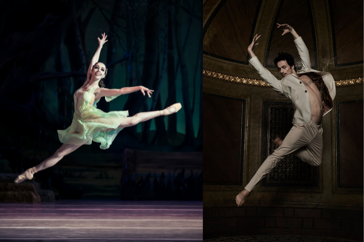 side by side, seperate pictures of Kateryna Kukhar and her husband Oleksandyr Stoianov leaping high in the air