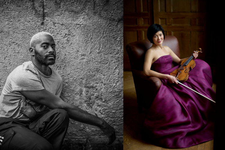 still portraits of artists Jerron Herman and Jennifer Koh. His is in black and white with him wearing grey practice clothes and leaningin a kneeling position against a cement wall. Jennifer Koh is wearing a purple ball gown and sitting on a brown recliner relaxing with her violin. 