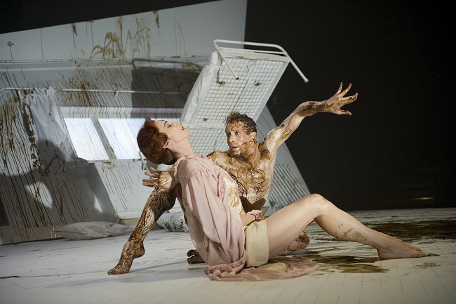 Edward Watson as Gregor Samsa and Nina Goldman as Mrs Samsa in The Metamorphosis. Photo by Danielle. McGarry.