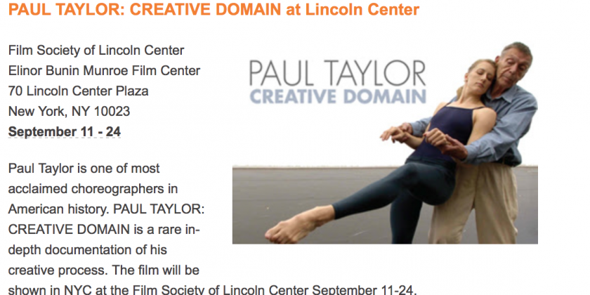 Screenings of "Paul Taylor: Creative Domain" at Lincoln Center