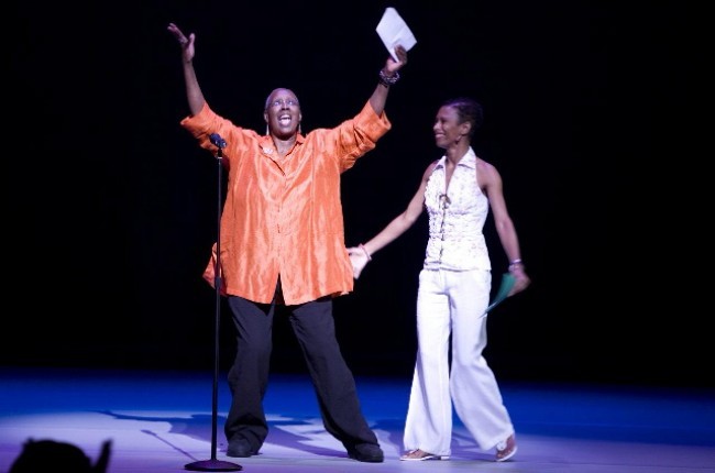 Judith Jamison, Artistic Director of  Alvin Ailey American Dance Theater, with Company Rehearsal Director, Ronnie Favors, Welcomes The  Audience to the Free Alvin Ailey Day Performances.