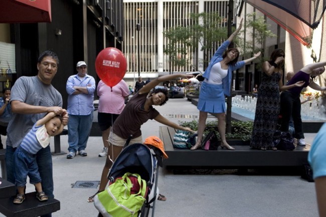 New Yorkers Big and Small Practice Their Horton Side- Bends.