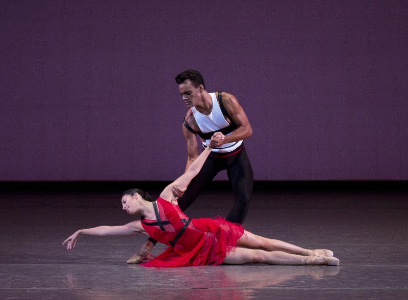 Brittany Pollack and Taylor Stanley in Capricious Maneuvers, 2013. Choreography by Justin Peck, New York City Ballet. Costumes by Prabal Gurung. Photograph Â©Paul Kolnik.