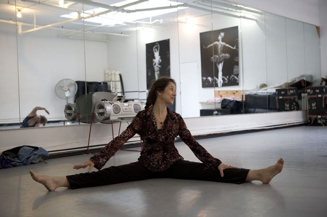 3:45pm -Catherine Takes A Moment to Stretch Having Just Arrived from School to lead a Rehearsal at Battery Dance Studios