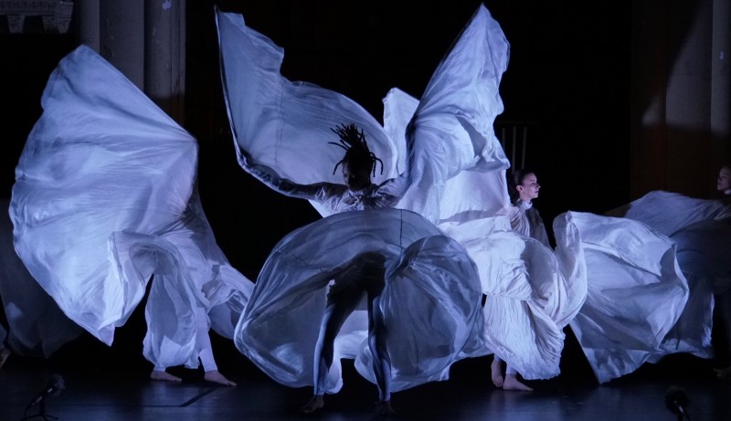 dancers with large expanded costumes in the manner of Loie Fuller swing ands swirl in their fabric rings creating rushes of wnd