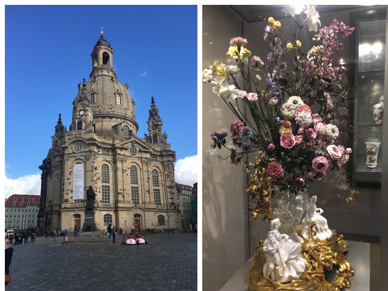 Two images are side by side. The first is of a historic stone Dresden building. The second captures an arrangement of porcelain colorful flowers.