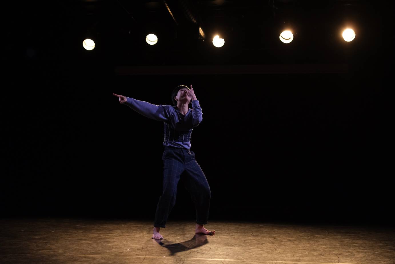 Under spotlights, a performer in indigo costuming covers her face with one hand and points with the other.
