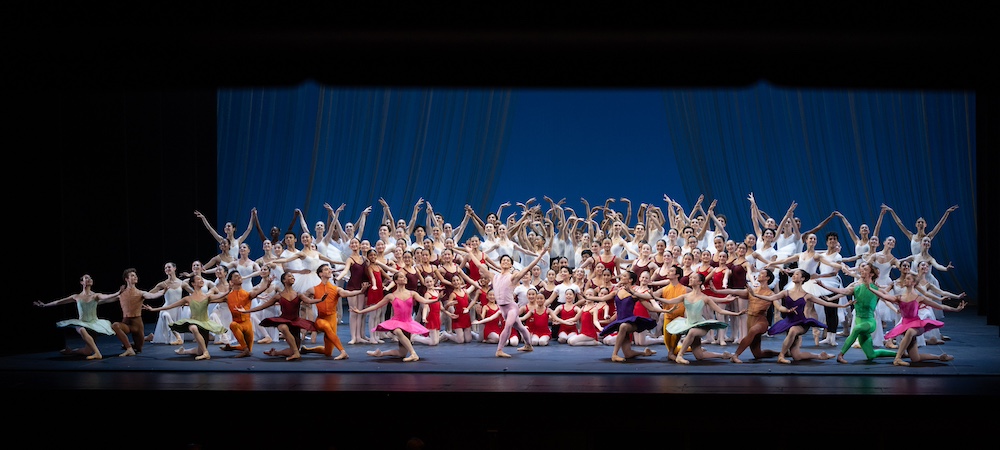 a stage absolutely filled with young dancers some in bright colored costumes others in their studio clothes. These artists represent the future of ABT.