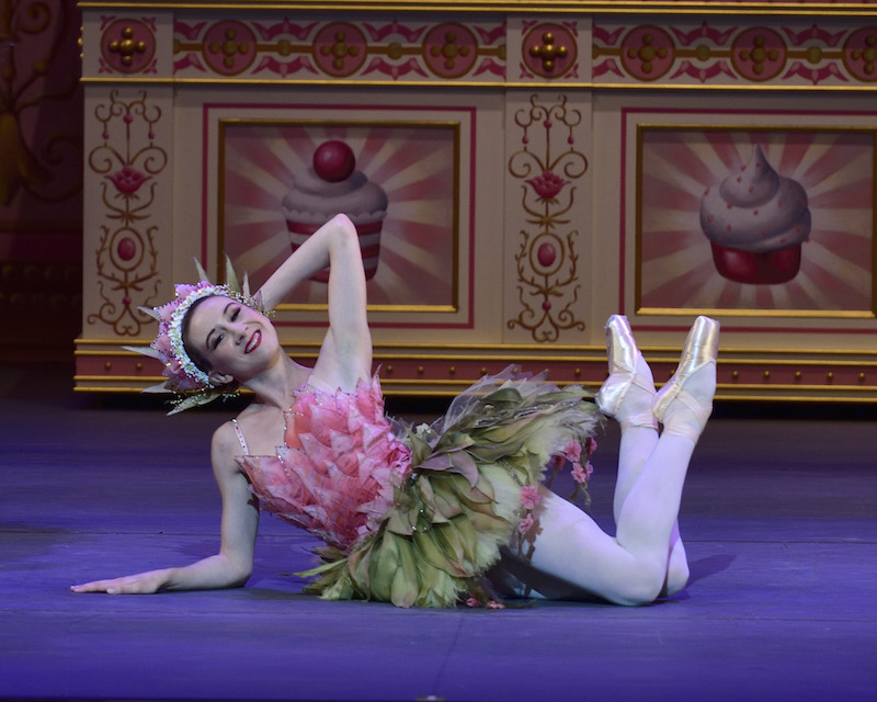 Ballerina Isabella Boylston poses on the floor with her legs interwined. She wears a tutu that resembles a pink petaled flower. 