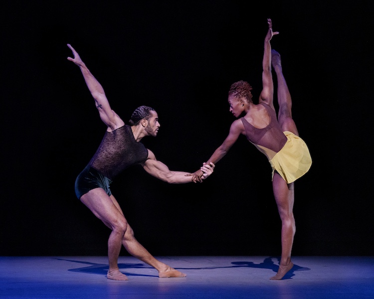 a man in a black leotard with sheer cut out sides, firmly grapbs the hand of a woman who strikes a fierce balance. They stare intently into one anothers' eyes.