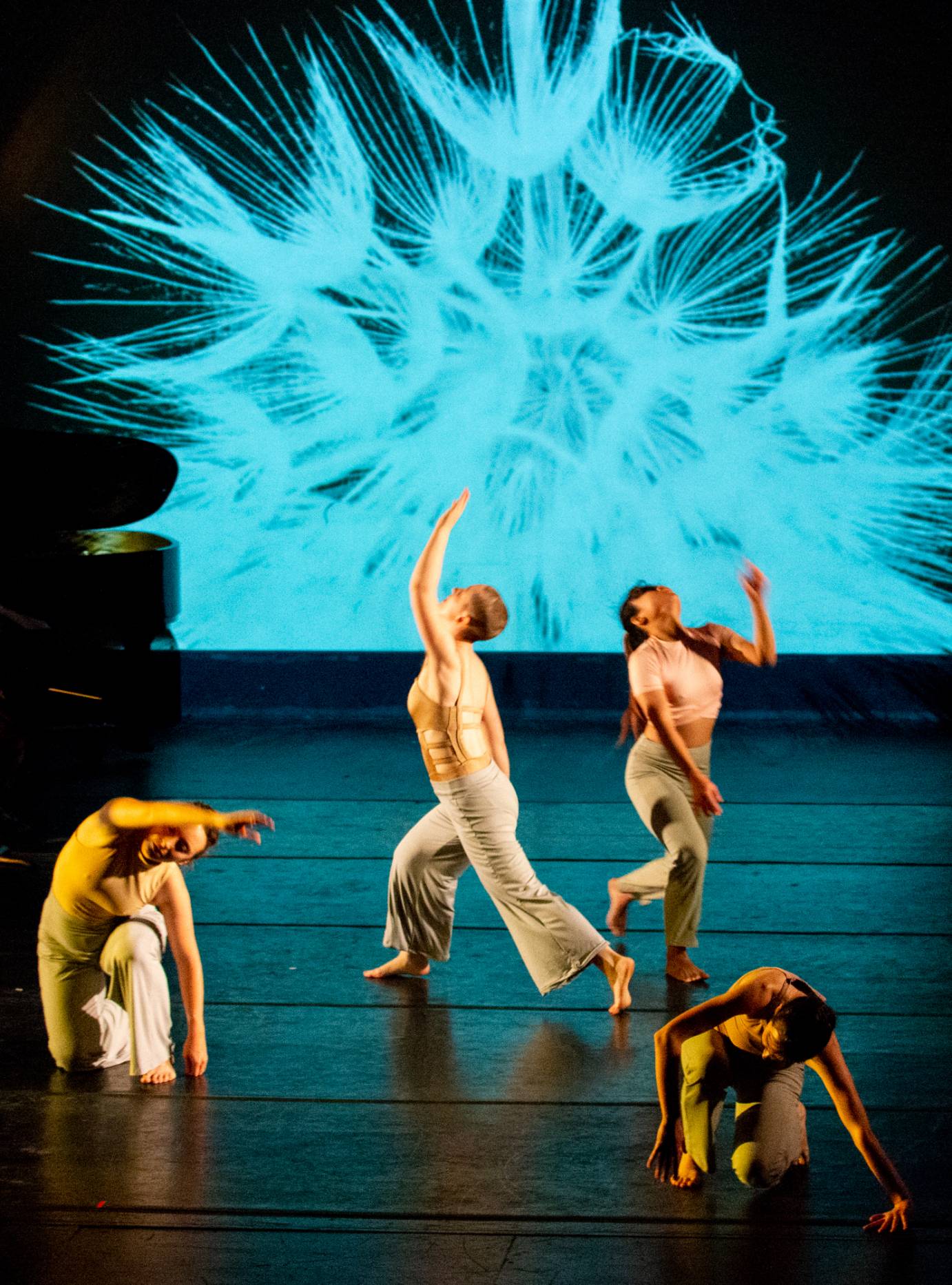 a group of four women dancers in tight pants and sleevless tops dance in front of a huge projection of a blown up dandelion