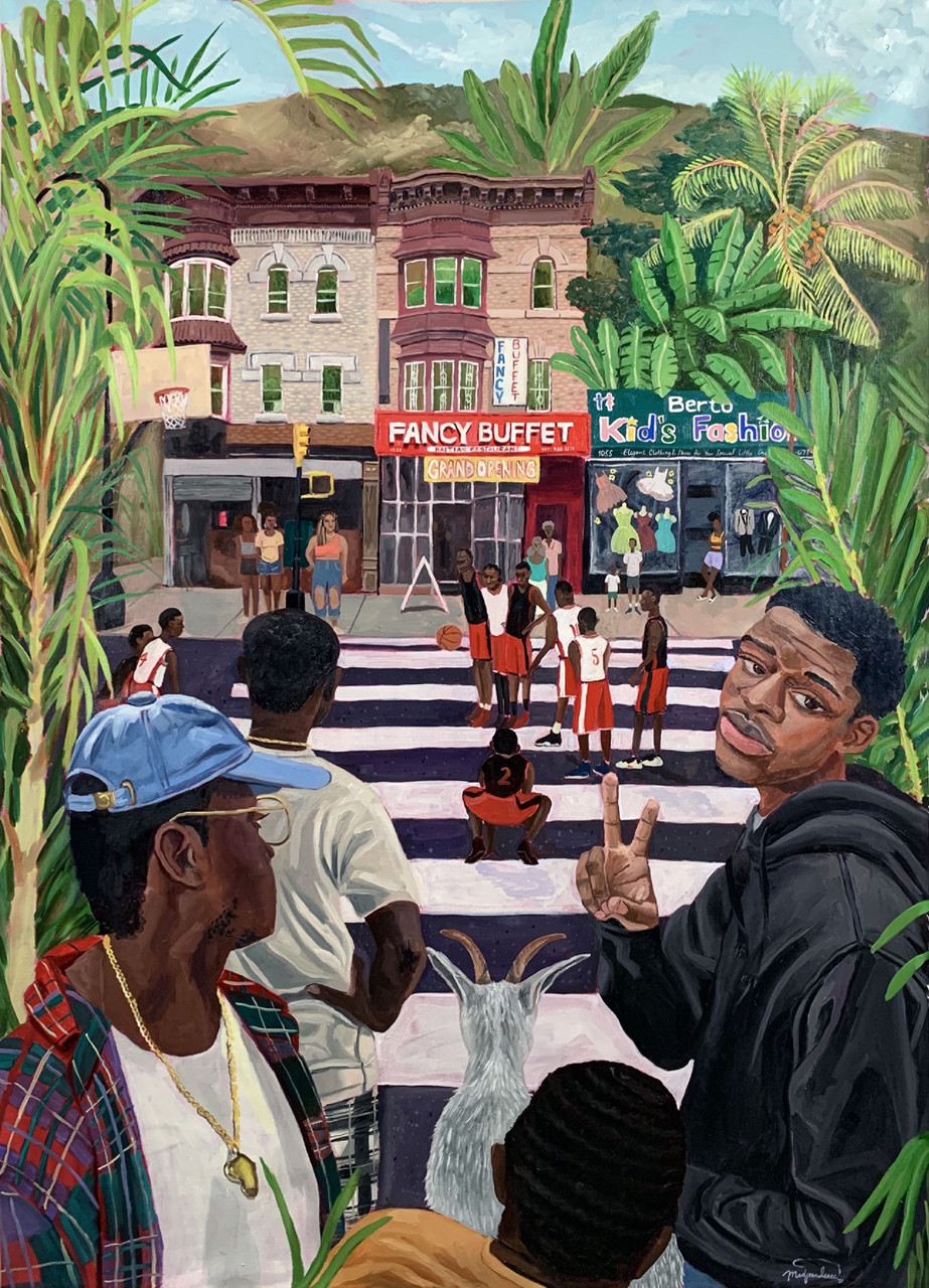 colorful painting depiction Black kids hanging out in a Brooklyn neighborhood with Caribbean palms and a goat 