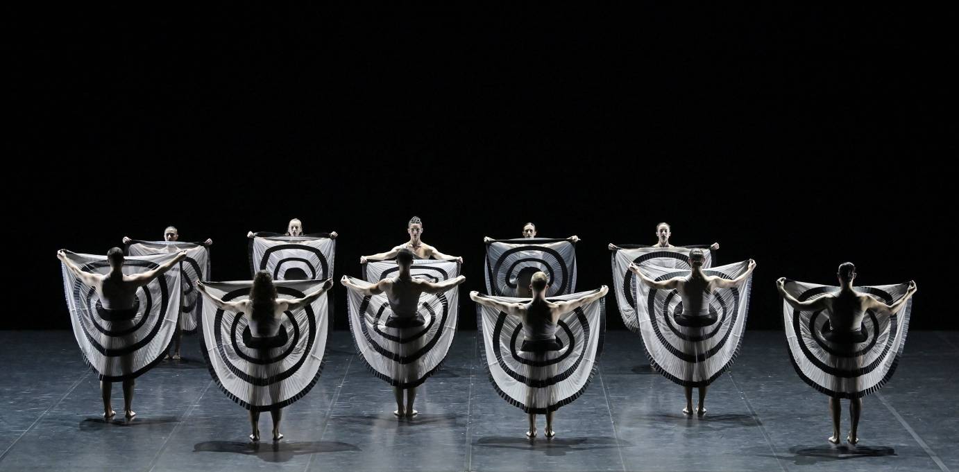 11 dancers holding long skirts up in front of their faces