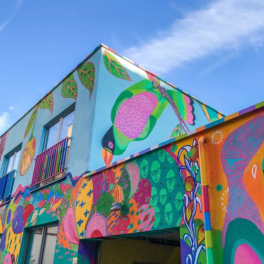 the colorful Tic Tac Center in Brussels in rainbow colors 