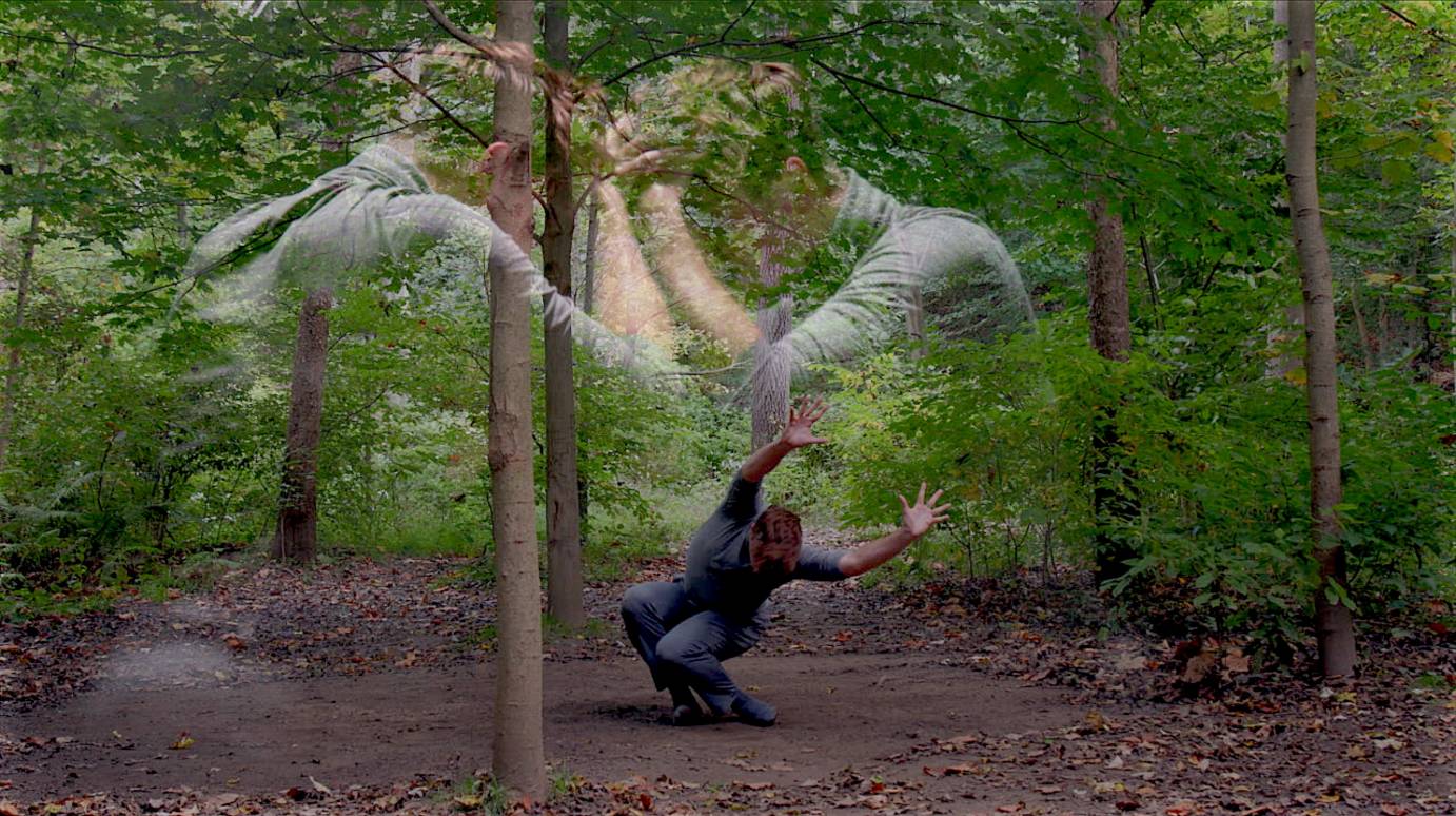 Ballet X Heal the transparent figure of a white man in grey clutching his head superimposed on a lush green forest where the same man is rolling in the mud