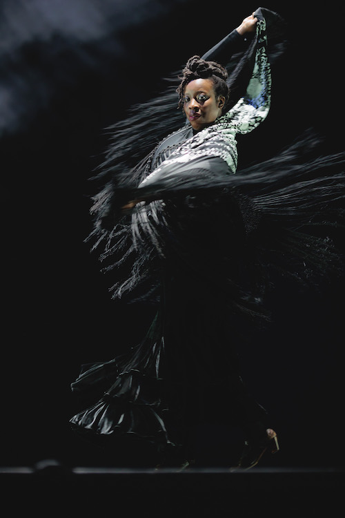 a Black Woman Flamenco Dancer stares out at us as Fabric swirls around her