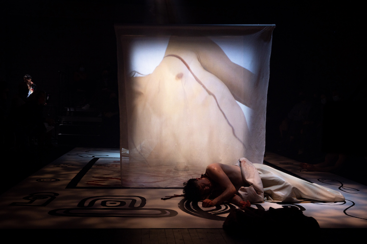 a dancer lies as if sleeping on the border of the stage that consists of petroglyph designs, his legs are covered by a white blanket, but his torso and head rests on the stage. Behind him, a fabric hangs. Projected on this almost see through fabric is the picture of a thin, naked, hairless male torso with with a rivulet of blood moving down from his shoulder to his waist.