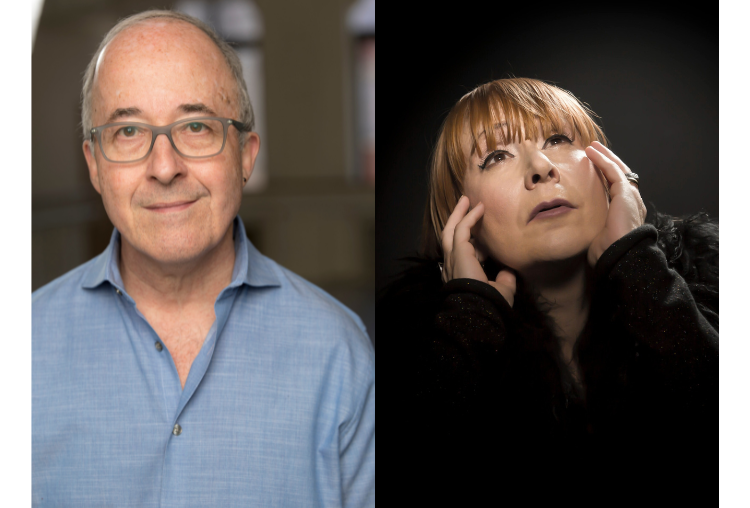 Head shot of composer Scott Killian on left a fair skinned man, balding with grey hair, grey rimmed glasses wearking a light blue collared shirt. On right a photo of a fair skinned woman with straign strawberry blonde bangs she looks up into the heavens as she holds her face and seems to be wearing all black 