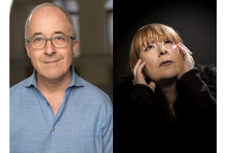 Head shot of composer Scott Killian on left a fair skinned man, balding with grey hair, grey rimmed glasses wearking a light blue collared shirt. On right a photo of a fair skinned woman with straign strawberry blonde bangs she looks up into the heavens as she holds her face and seems to be wearing all black