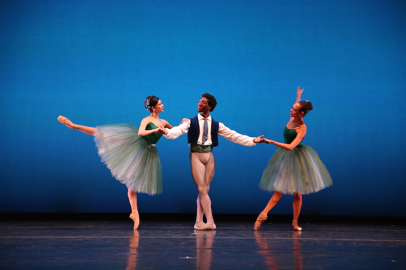 Three dancers in a posed tableau. One ballerina balances in arabesque en pointe and uses her partner's arm for balance. Another ballerina poses next to them with her leg pointed in front. She holds the center dancer's hand.