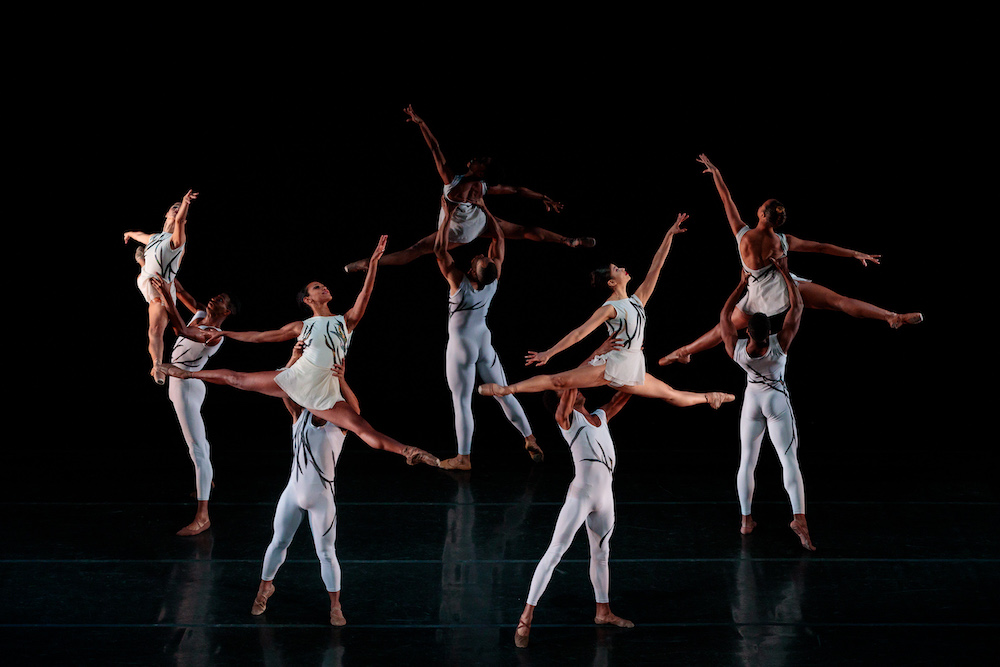 The company of dancers dressed in white costumes with blue tree brances painted across the top of their outfits. Here a circle of men lift their female partners high above their heads, as the women reach upward with their arms and faces and have their legs extended in broad splits. Joyous.