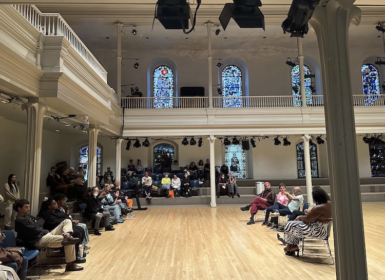 the artists and the audience in the inspirational space of St. Marks Church  and its beautiful and multiple stained glass windows