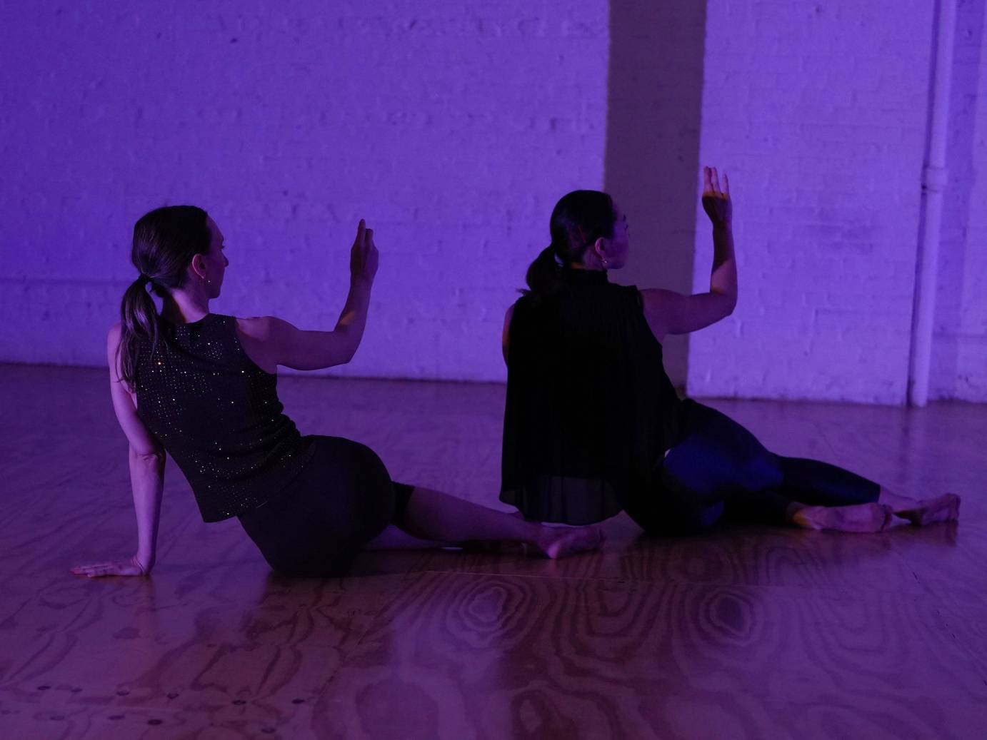 Two seated women with long dark ponytails lift their right arms against a purple background.
