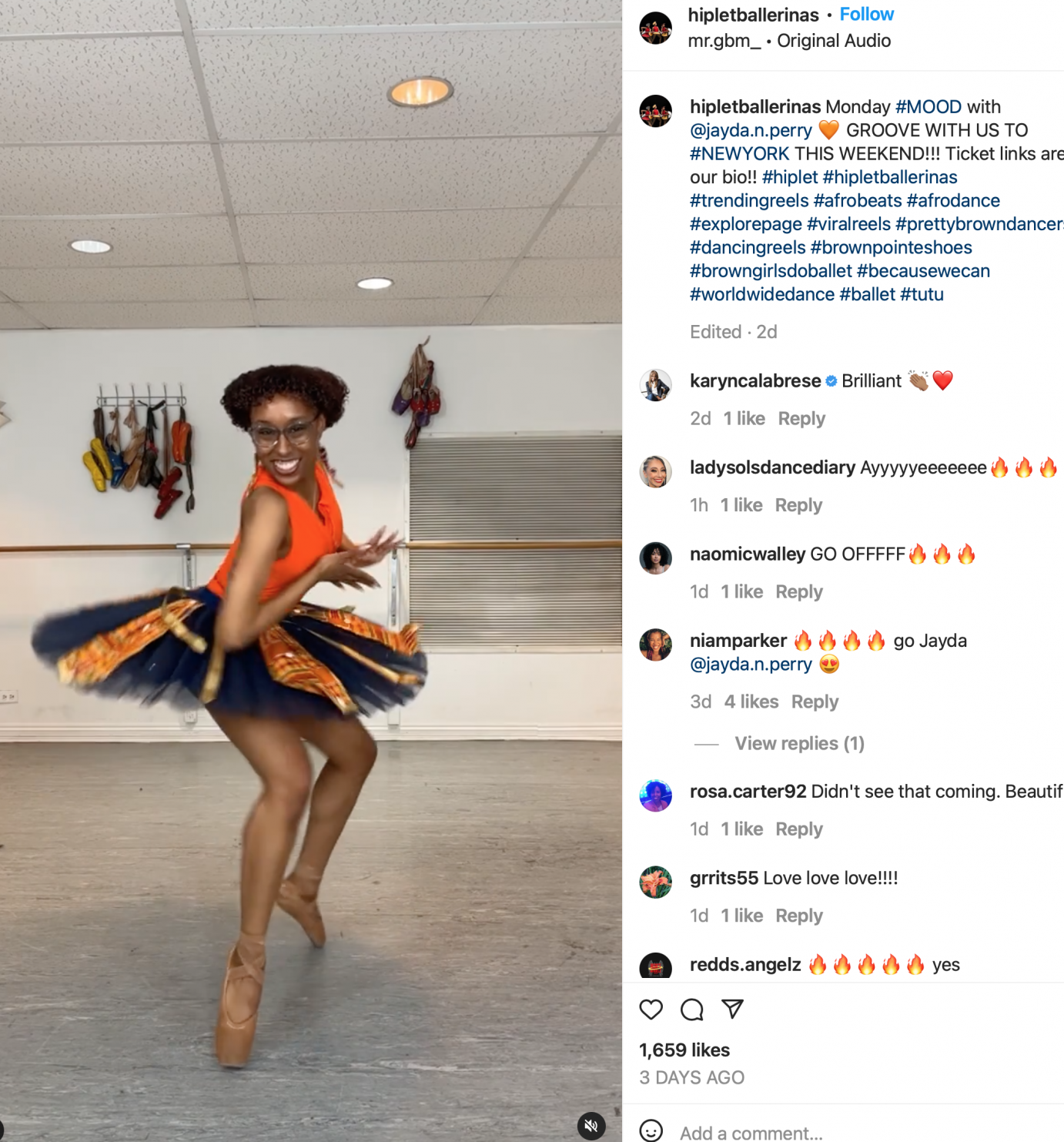 a brown skin woman in a tuto made of tulle and African print fabric dances in celebration of her upcoming NY performance