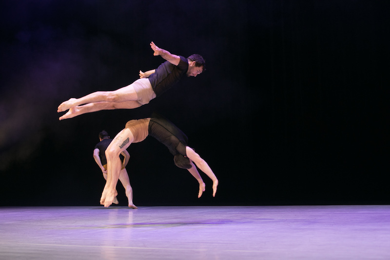 Men in black t-shirt and nude shorts leap in the air. One dancer looks like he's flying like Superman. The other looks like he's in mid-backflip.