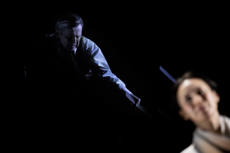 Miki Nakatani's face appears blurred at the bottom right corner of this picture while to the left Mikhail Baryshnikov huddles over his chair in obvious anguish