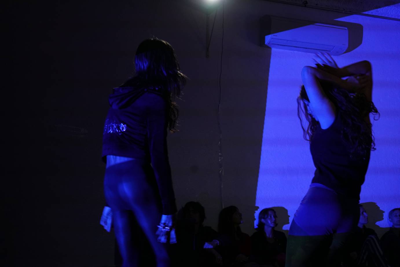 Two long-haired women, side by side, one in darkness and the other captured in a blue purple light. Her arms are above her head posing.