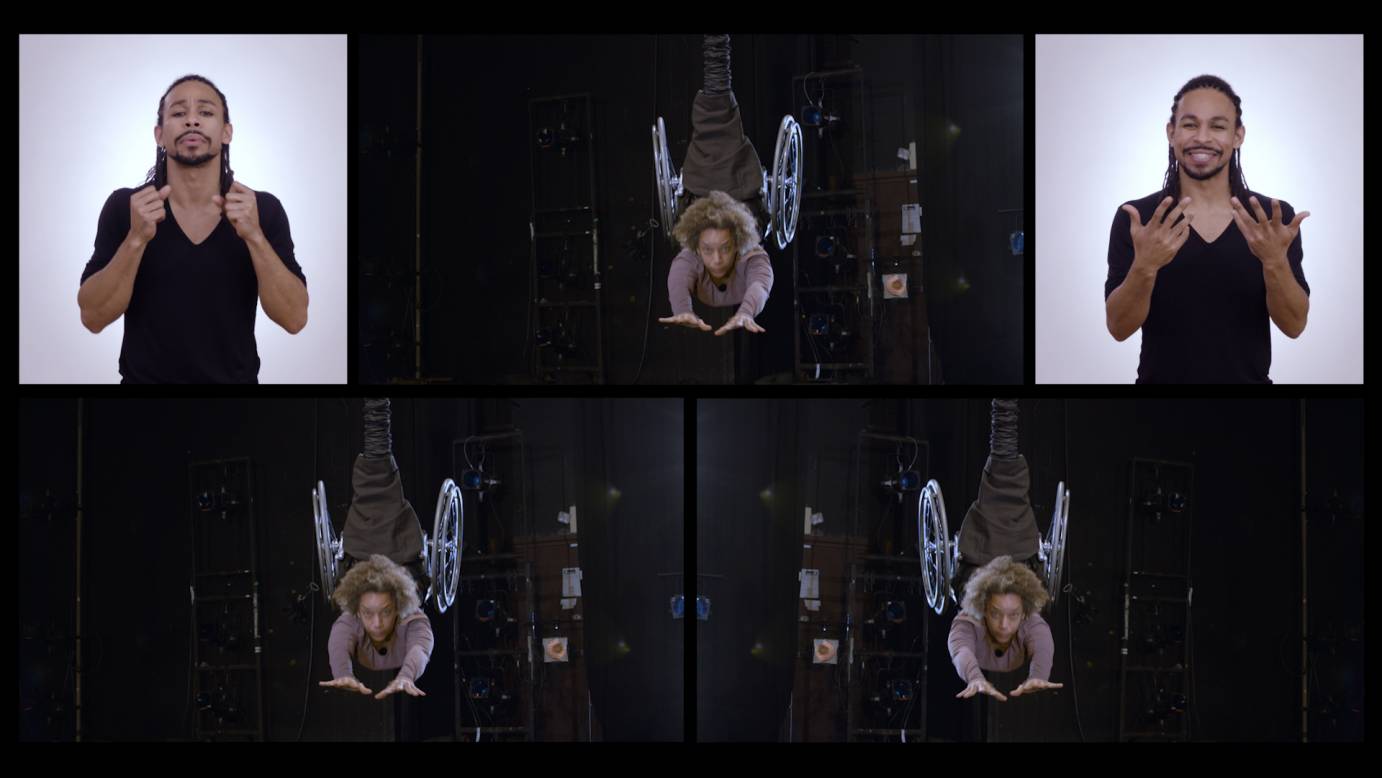 The screen is divided into a grid of 5 sections. Alice is repeated in three sections. Alice, a multiracial Black woman with coffee-colored skin and curly brown hair, is flying intently towards the camera. Alice arcs so her belly is to the floor and wheels rise behind; thick black cables connect to her from above. The energy feels electric, jolted. In the top corner sections Brandon, a mixed race Black artist with black-brown locs tied half up, signs multiply in front of a bright white backdrop.