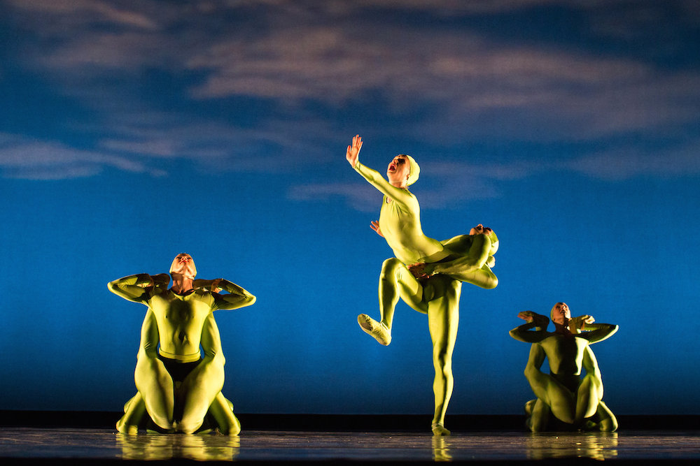 Momix OPUS CACTUS Dancers in lime green 2 dancers creating on ostrich creature...