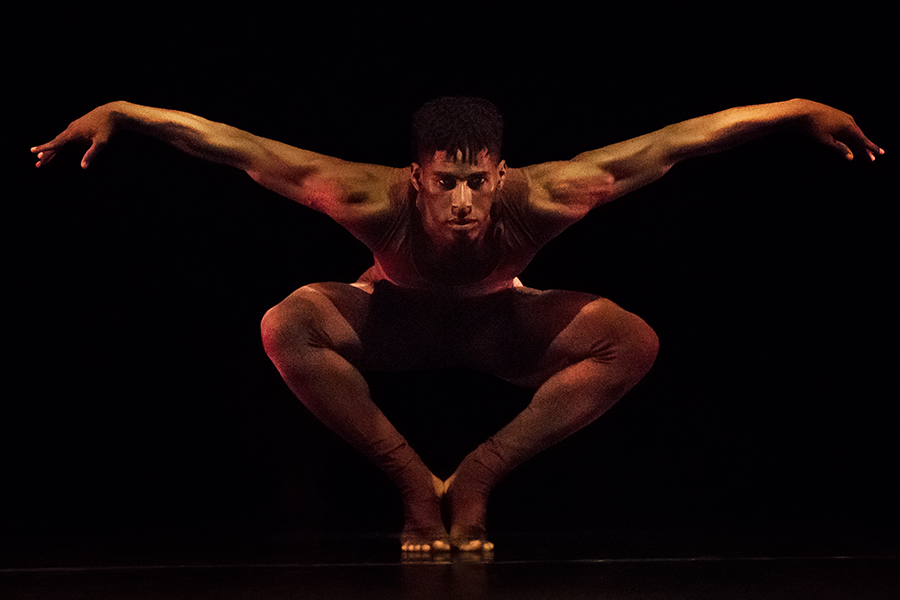 A black man poses as a crow, standing on the balls of his feet, knees bent in a low plie,arms outstretched and hands flexed ..it is so dark we cannot tell as yet what he is wearing. He is bare chested