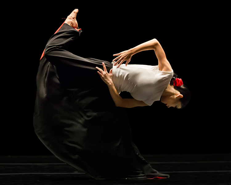 a female dancer in a white top with a flowing red and black skirt and a red rose in her black bun, leans her body parallel to the floor and kicks one leg up to the ceiling .