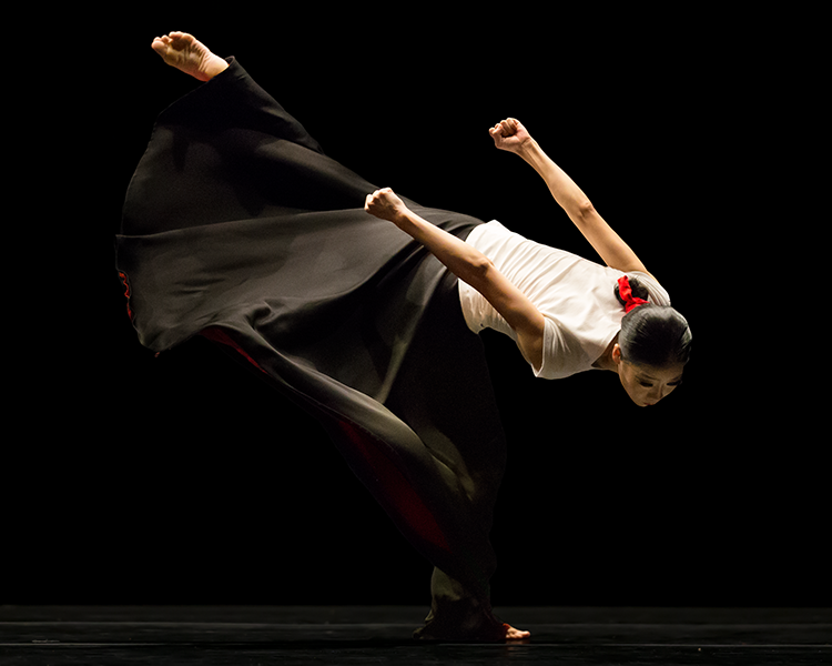 a dancer with a white shirt and a flowing black and red skirt pitches her body foward as one leg and both arms trail upward behind her. Her hands are made into fists.