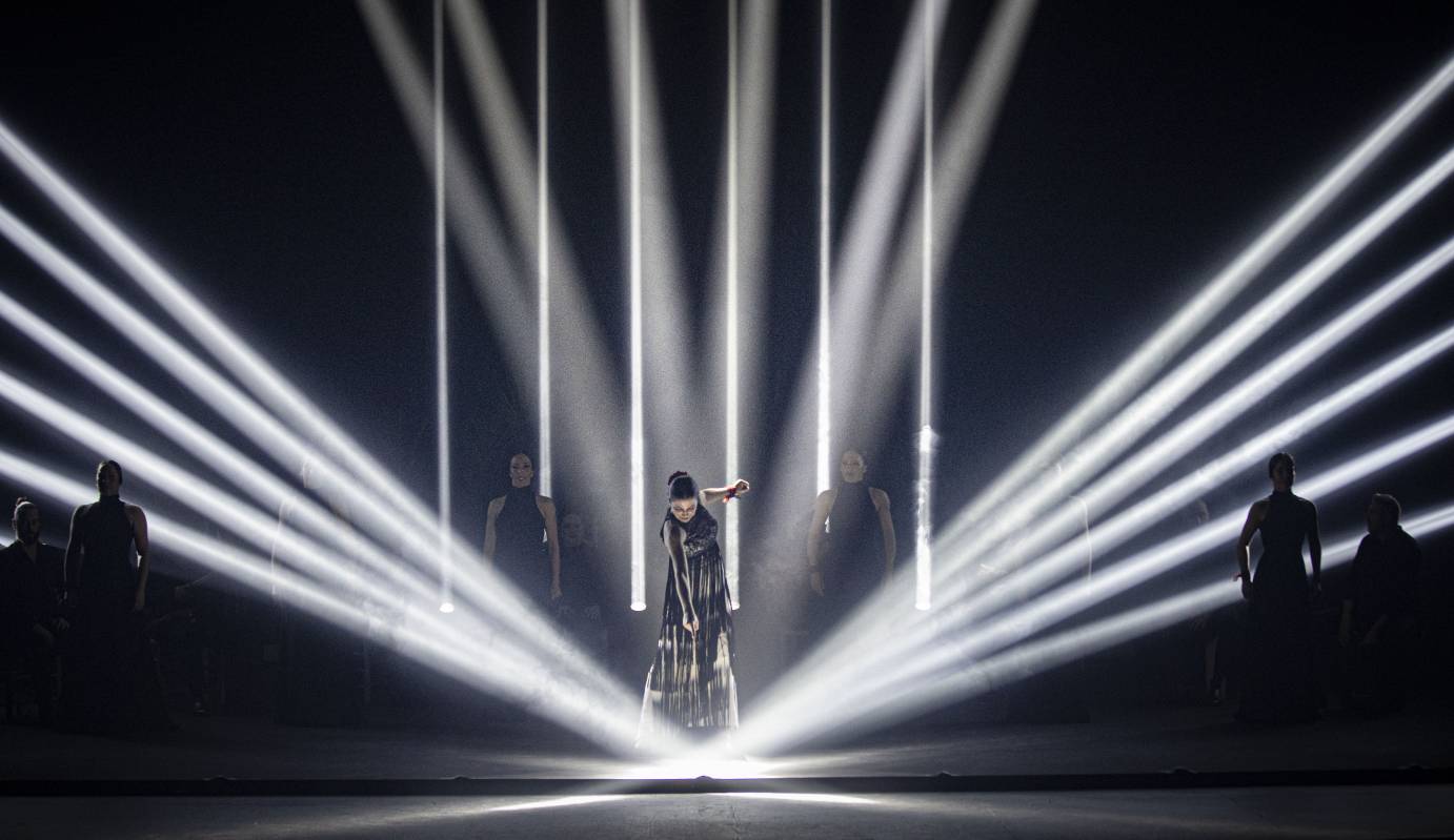 At the center of V's of white light, a woman flamenco dancer looks down.