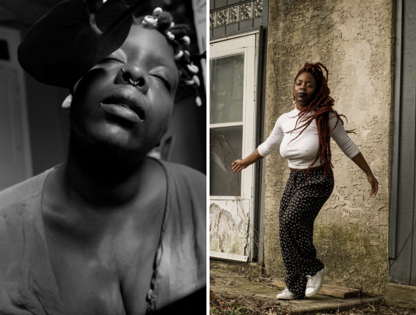 Two pictures of Shanel Edwards, one a close up and the other a movement shot as she poses with her arms slightly out 